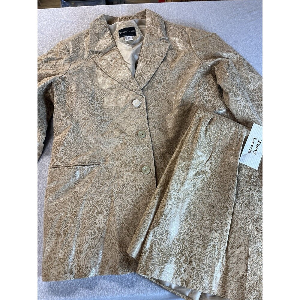 NWT Terry Lewis Leather Blazer Jacket Skirt 2x Champagne Gold Paisley 2 Pc Suit